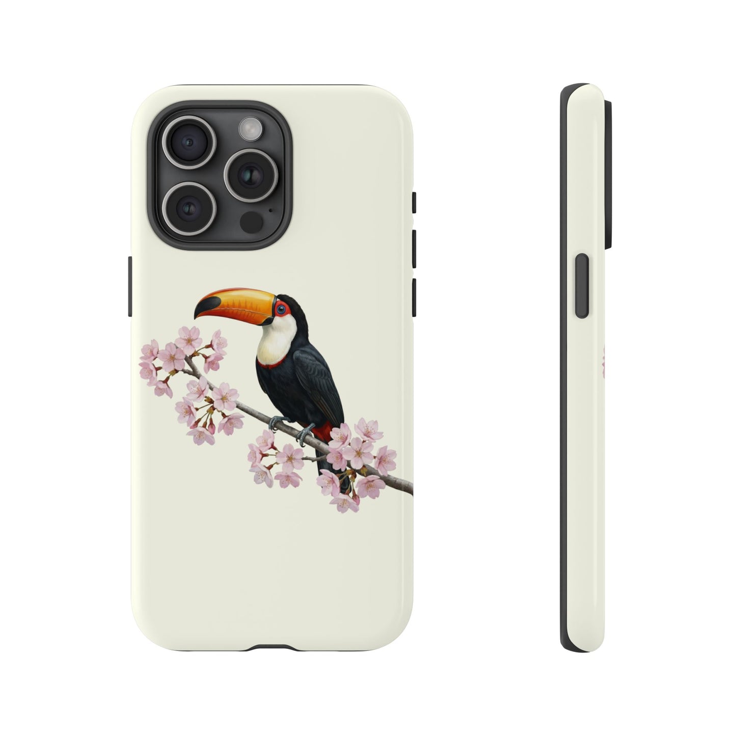 Tukan Handyhülle in Cremeweiß | Florales Kirschblüten Vogel-Motiv für iPhone & Google Pixel