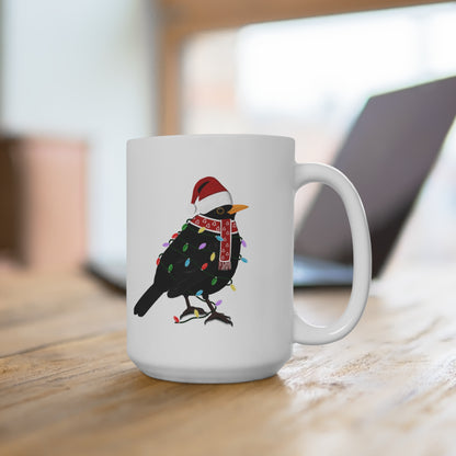 Amsel Tasse Vogel als Weihnachtsmann mit Lichterkette Weiß für Vogelfreunde