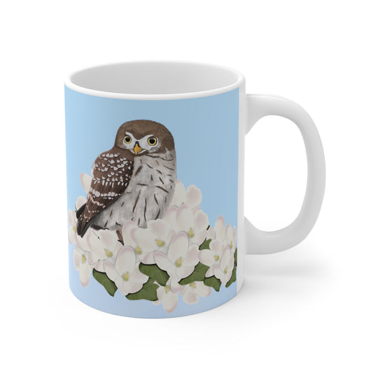 owl bird apple blossoms mug