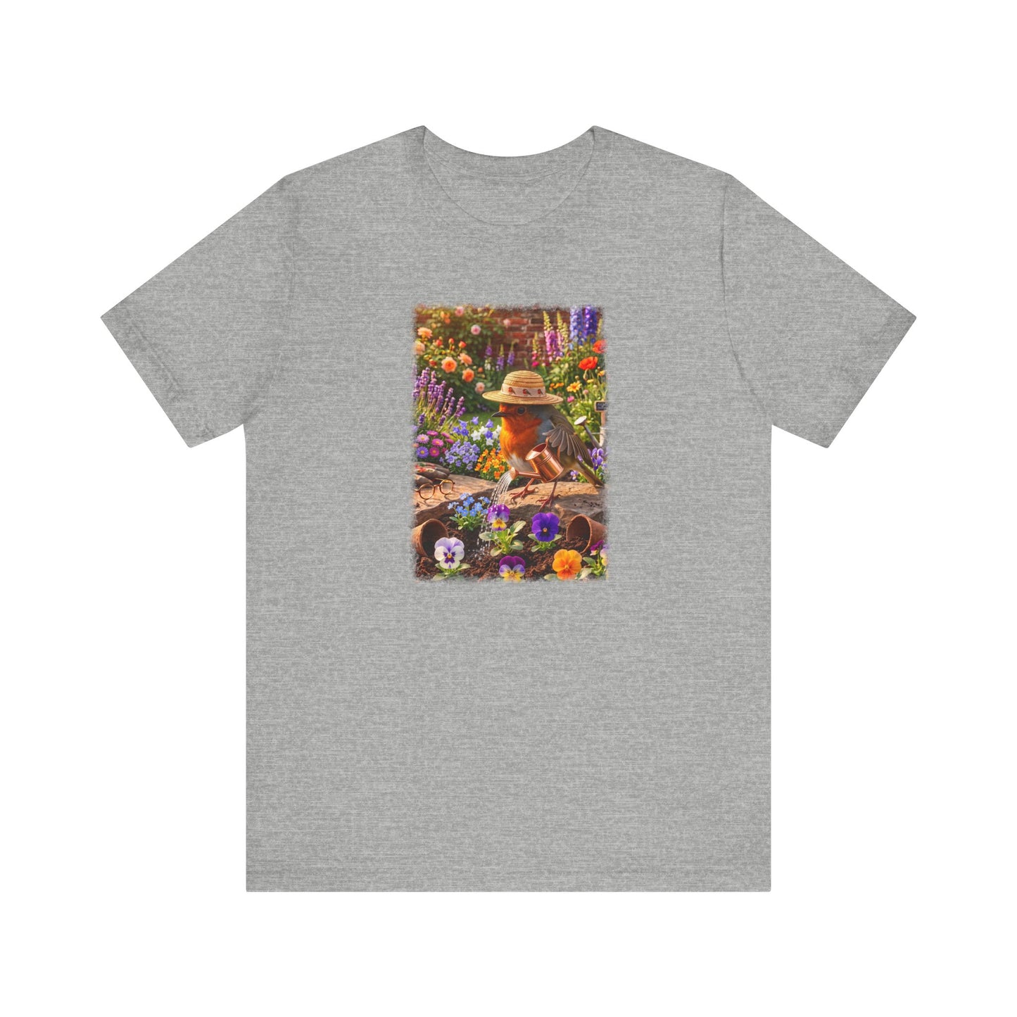 Niedliches Rotkehlchen T-Shirt beim Blumen gießen | Gemütliches Garten-Motiv