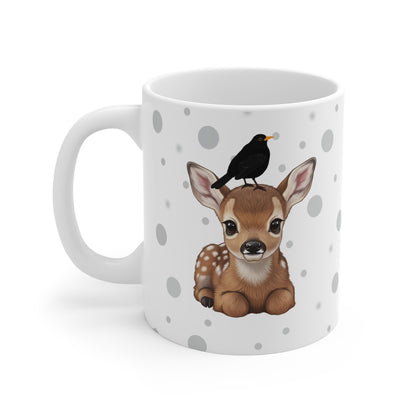Rehkitz Tasse mit Amsel Tiermotiv Punkte Grau