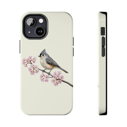Tufted Titmouse & Cherry Blossom Tough iPhone Case Creamy White – animal lover, Phone