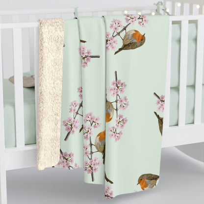 Rotkehlchen Premium Sherpa-Fleece Decke in Salbeigrün | Kuscheldecke mit Vogelmotiv (150x200cm)