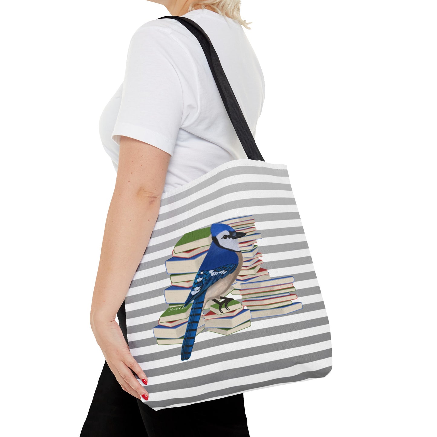 Blue Jay Bird and Books Birdlover Bookworm Tote Bag 16"x16"