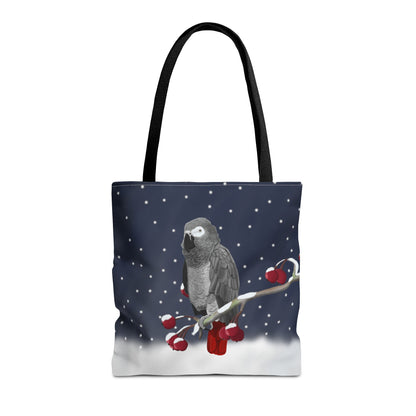 Grey Parrot on a Winter Branch Christmas Bird Tote Bag 16"x16"