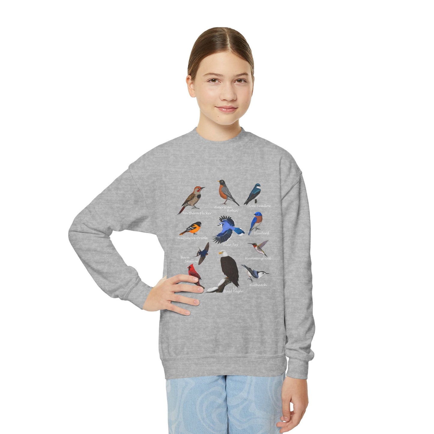 Bald Eagle Blue Jay Bluebird Robin Cardinal Hummingbird Bird Birdwatching Youth Crewneck Sweatshirt