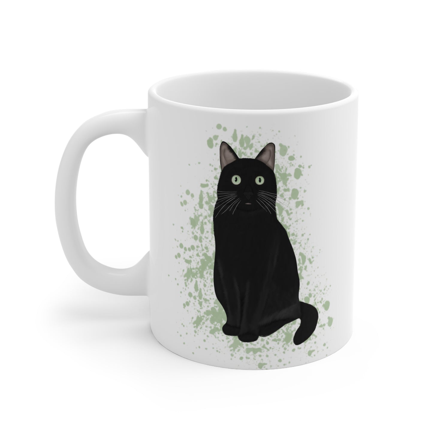 Black Cat with Green Eyes Cat Lover Ceramic Mug White