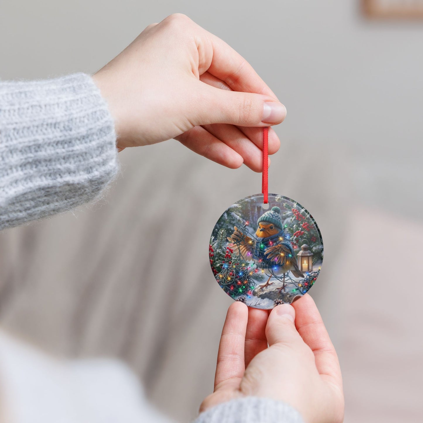 Premium Keramik Ornament Rosi Rotkehlchen & die Lichterkette | 7,5x7,5 cm | Lustige Weihnachtsdeko für Vogelfreunde