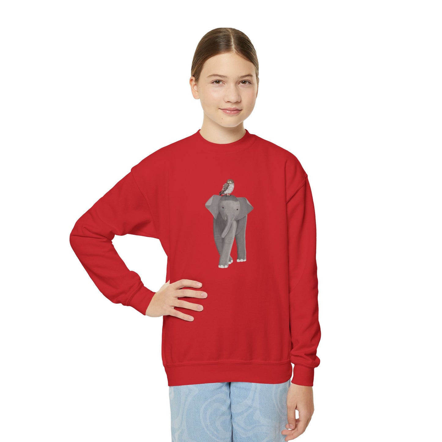 Elephant with Little Owl Bird Youth Crewneck Sweatshirt