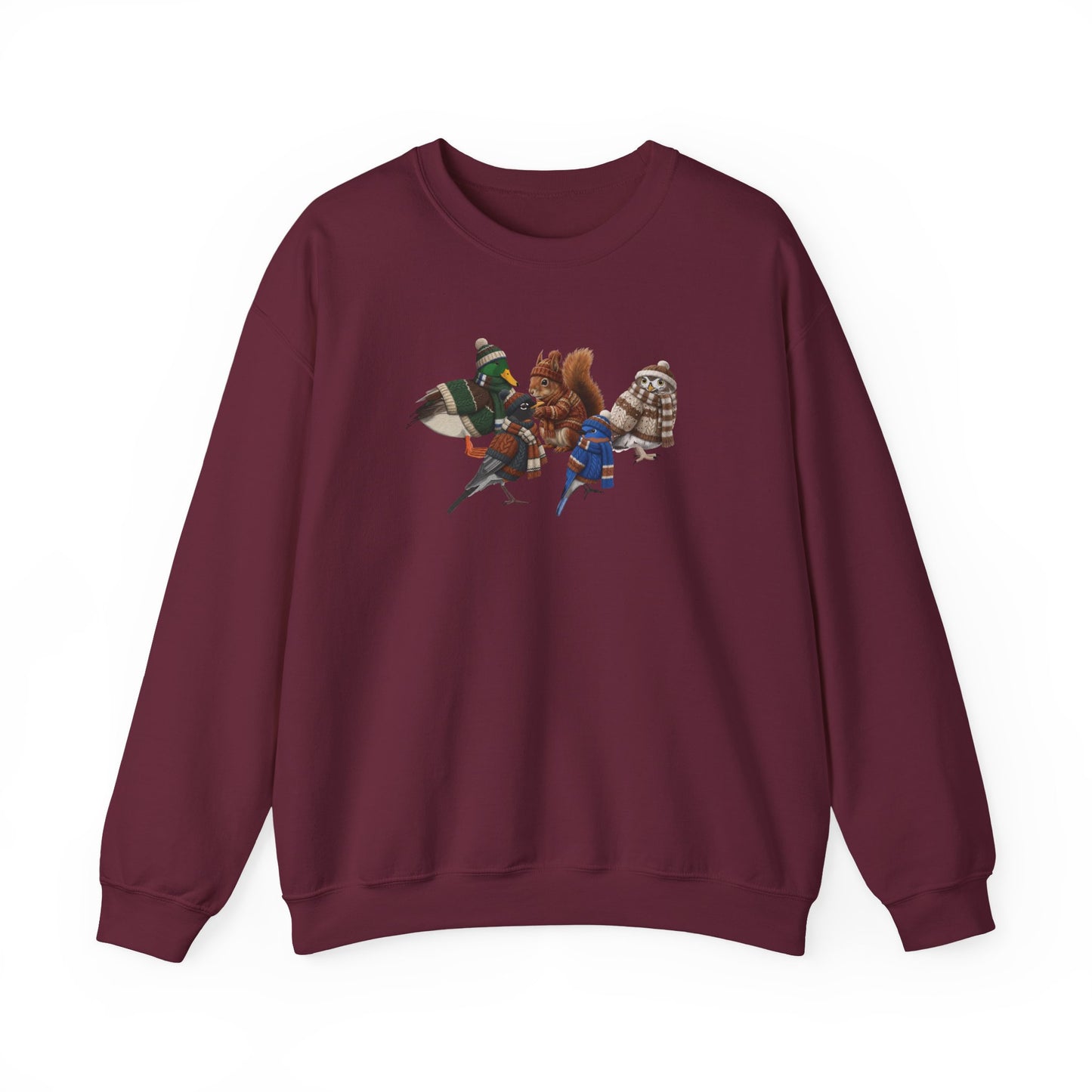 Cozy Winter Crewneck: Backyard Birds & Squirrel in Knitwear