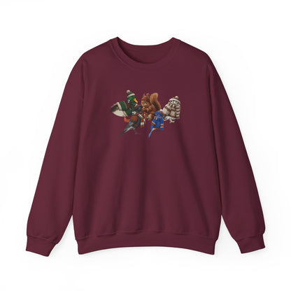 Cozy Winter Crewneck: Backyard Birds & Squirrel in Knitwear