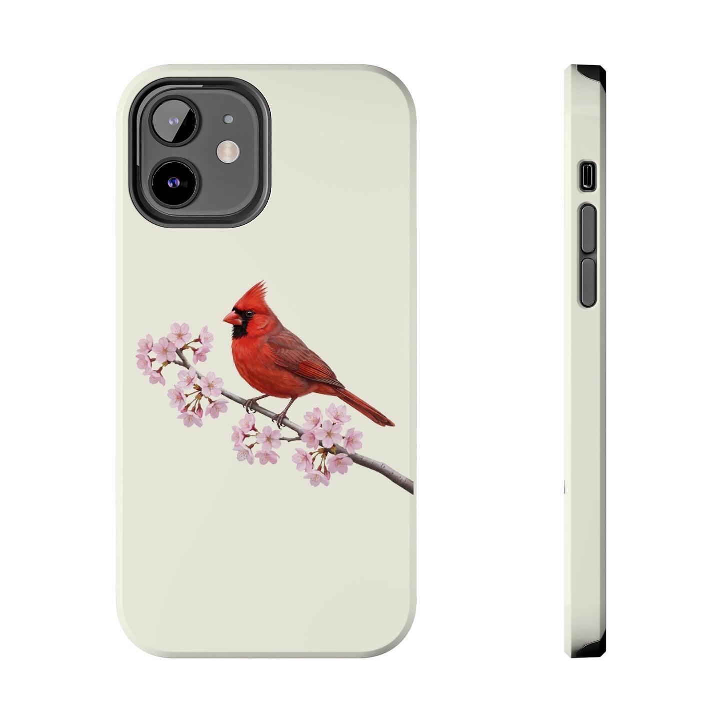 Northern Cardinal & Cherry Blossom Tough iPhone Case Creamy White – animal lover, Phone