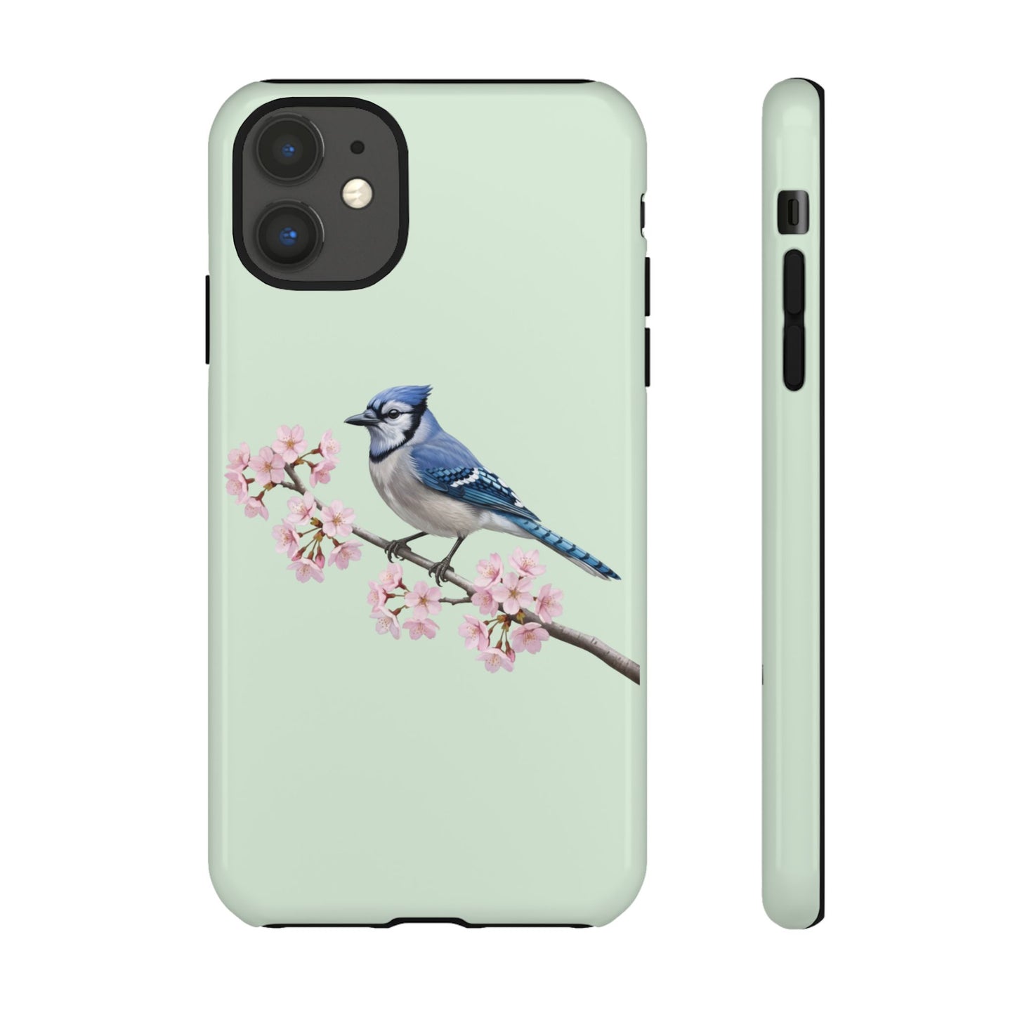 Blauhäher Handyhülle in – Salbeigrün | Florales Kirschblüten Vogel-Motiv für iPhone & Google Pixel