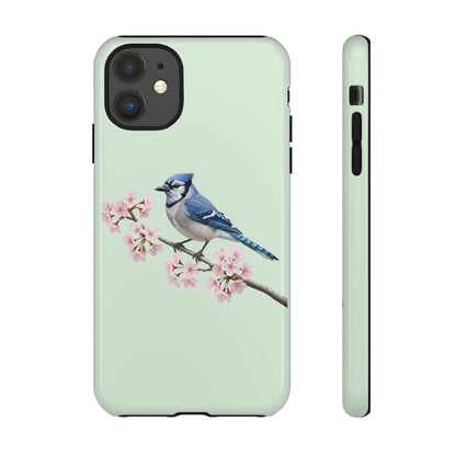 Blauhäher Handyhülle in – Salbeigrün | Florales Kirschblüten Vogel-Motiv für iPhone & Google Pixel