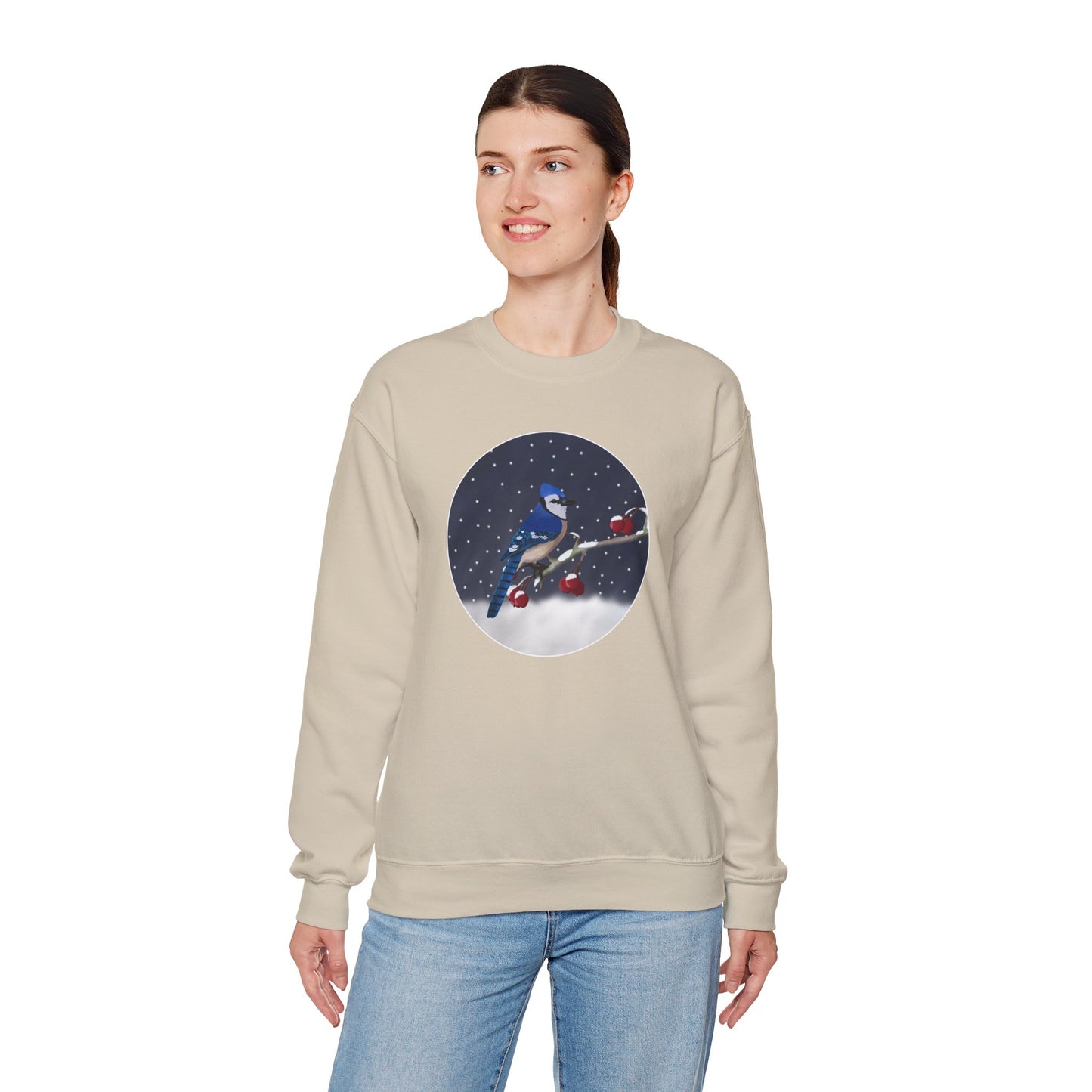 Blue Jay on a Winter Branch Christmas Bird Sweatshirt