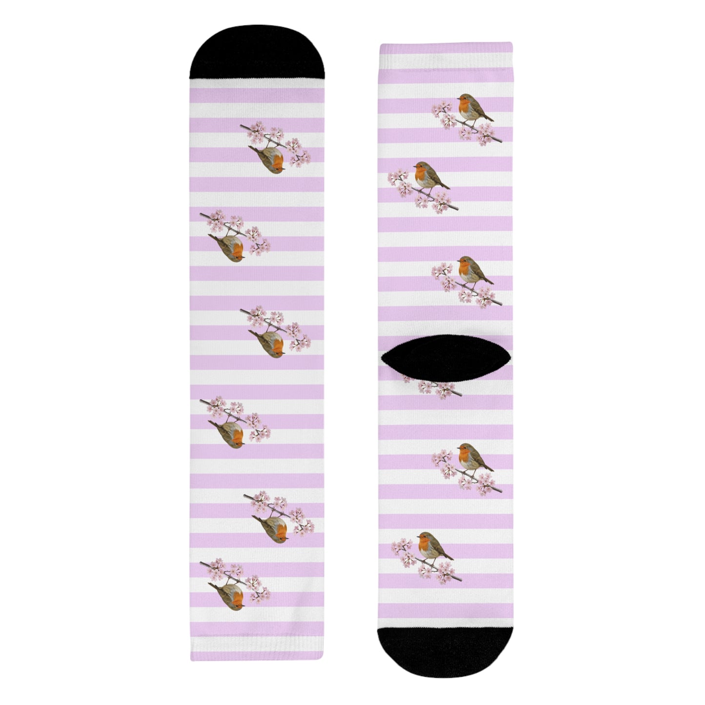 Chaussettes Rouge-Gorge avec fleurs de cerisier | Chaussettes rayées blanc et rose avec des motifs d'oiseaux