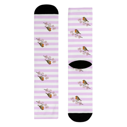 Chaussettes Rouge-Gorge avec fleurs de cerisier | Chaussettes rayées blanc et rose avec des motifs d'oiseaux