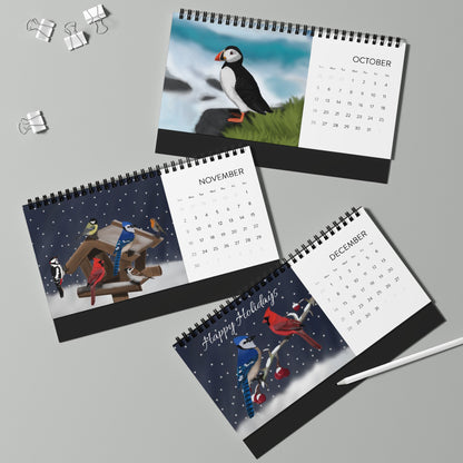 Backyard Birds Blue Jay Cardinal Robin Desktop Calendar with 2025 Grid