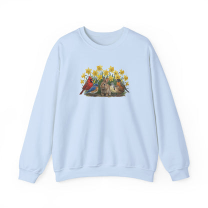 Spring & Easter Sweatshirt – Bunny, Cardinal & Bluebird | Cozy Bird Lover Crewneck