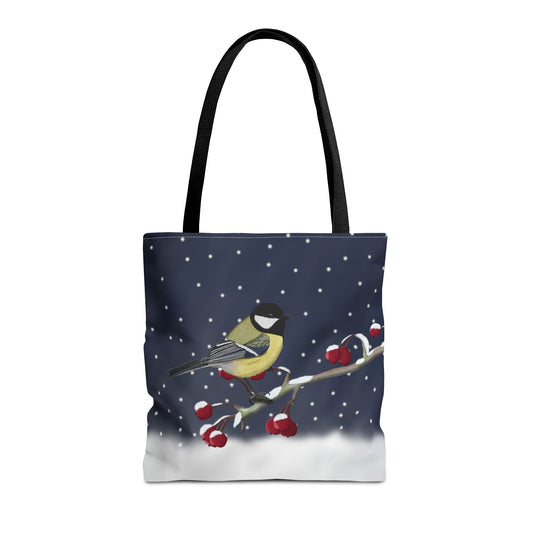 Chickadee on a Winter Branch Christmas Bird Tote Bag 16"x16"