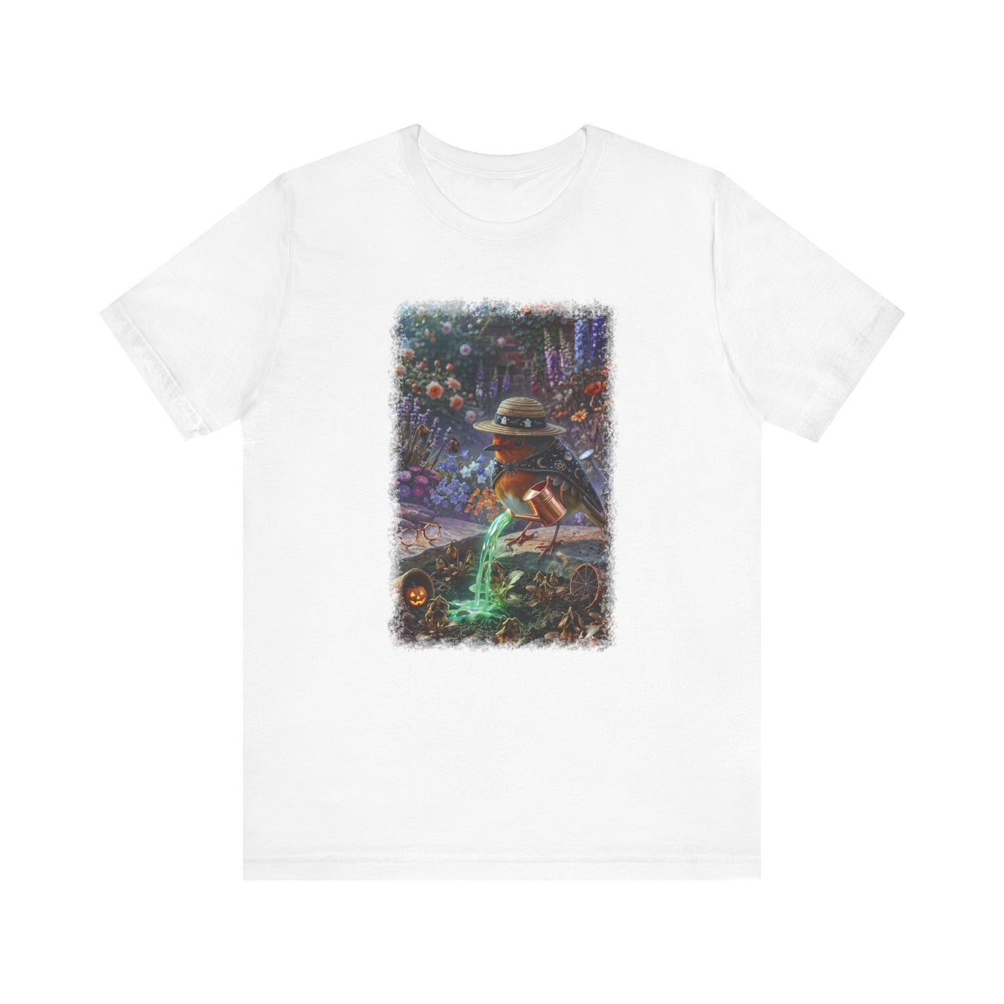 Soft premium Bella Canvas 3001 white T-shirt featuring a digitally painted illustration of a cute bird named Robin Rosi pouring a glowing green magic potion from a watering can onto dried flowers.