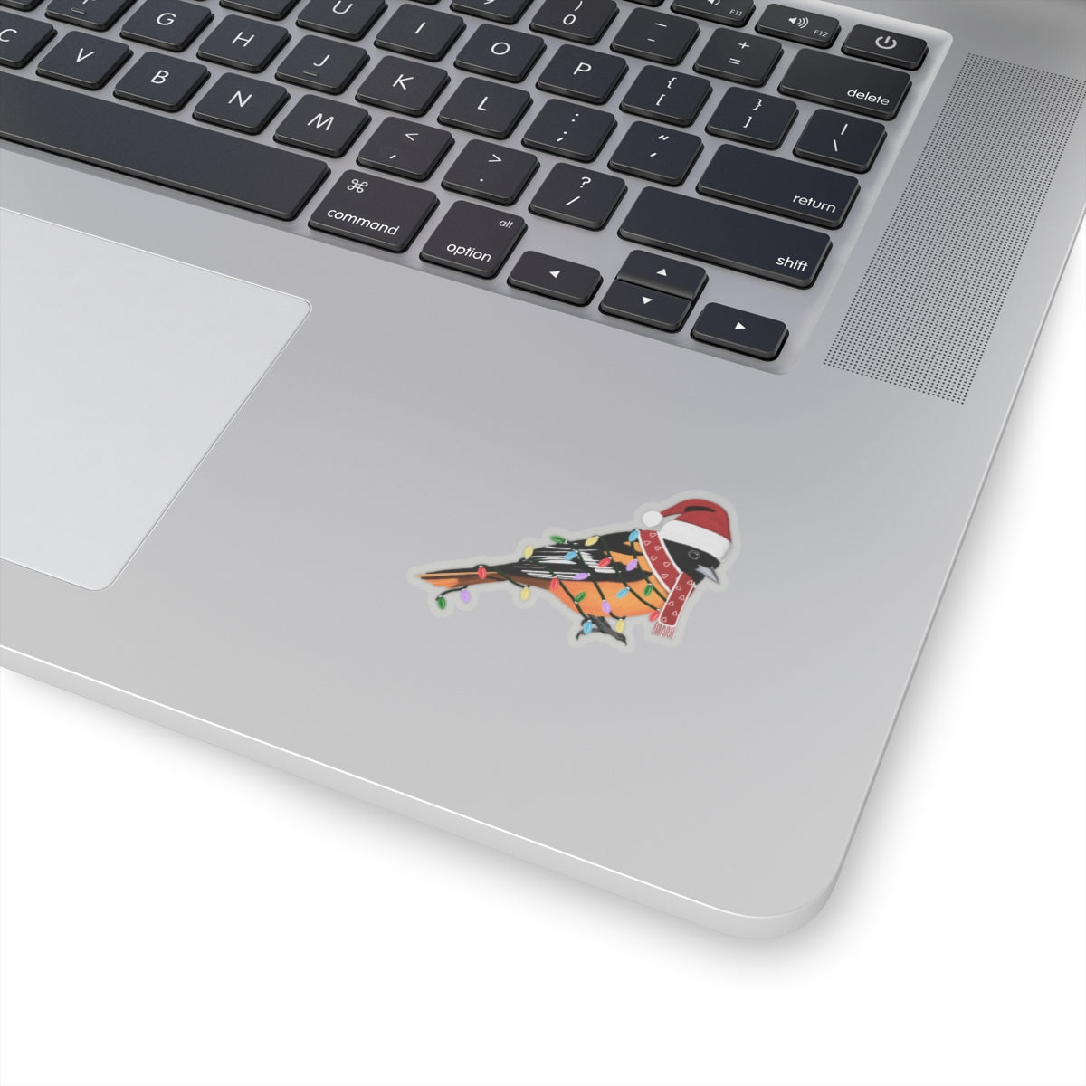 Baltimore Oriole with Fairy Lights Santa Claus Hat and Scarf Christmas Bird Sticker