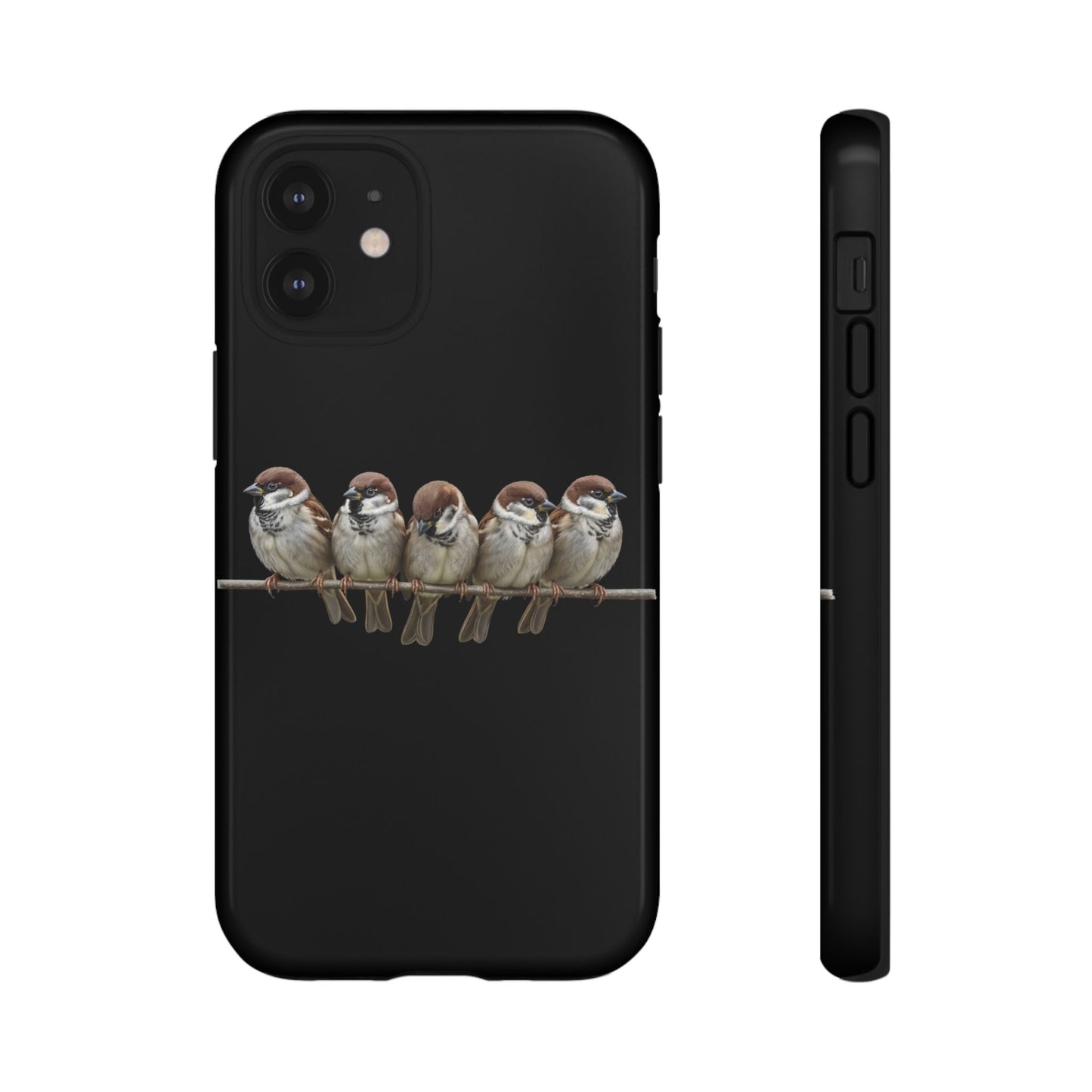 Feldsperlinge auf einem Ast Premium Handyhülle – Doppelt Geschützt & Rundum Bedruckt Schwarz