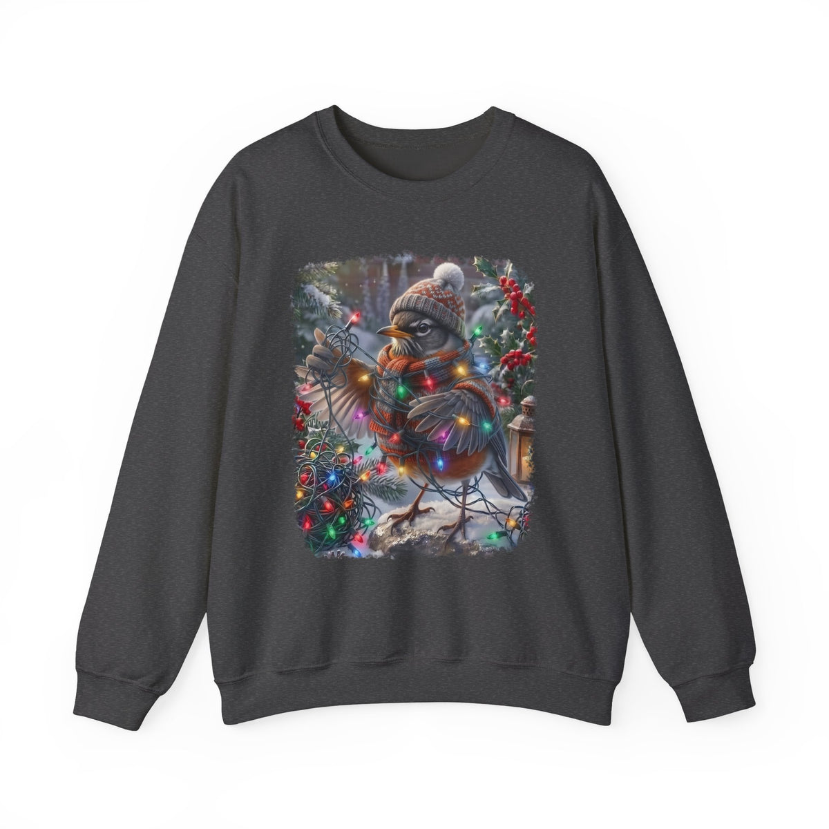 A dark gray crewneck sweatshirt featuring a square graphic print of a robin bird wearing a knit hat and scarf, surrounded by Christmas lights and a snowy winter scene.