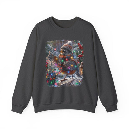 A dark gray crewneck sweatshirt featuring a square graphic print of a robin bird wearing a knit hat and scarf, surrounded by Christmas lights and a snowy winter scene.
