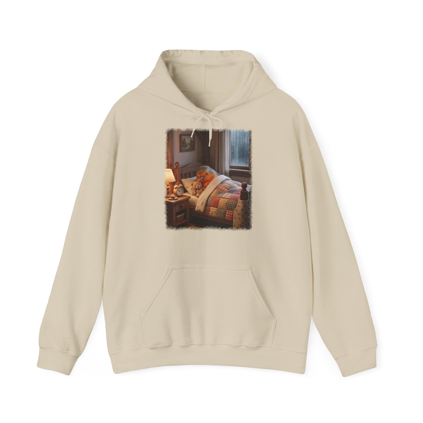 Süßes Rotkehlchen Hoodie im Bett mit Teddy | Kuscheliger Vogel Kapuzenpullover für Langschläfer