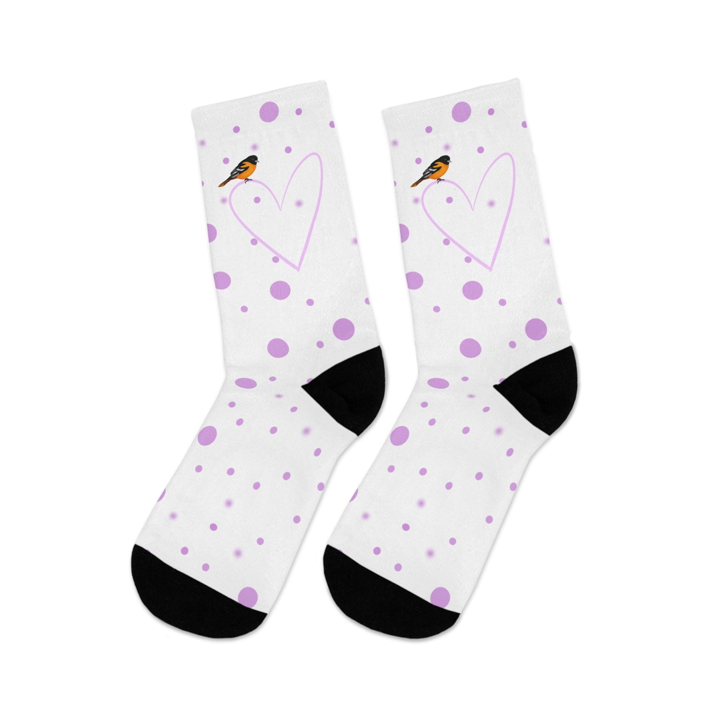 Baltimore Oriole Valentine's Day Pink Heart and Dots Bird Socks White