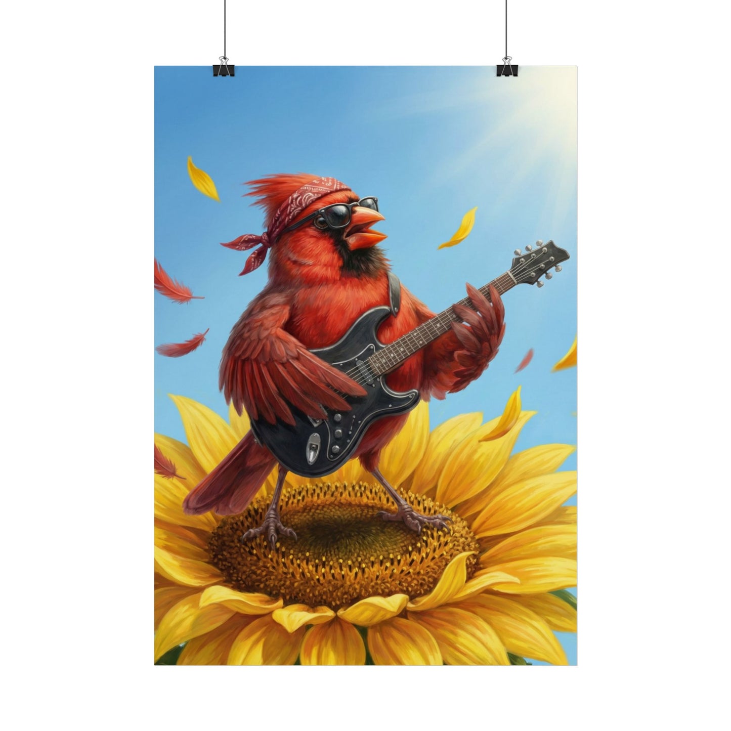 Rockstar Kinderzimmer Poster – Roter Kardinal Vogel auf Sonnenblume mit Gitarre | Wandbild Kinder Deko