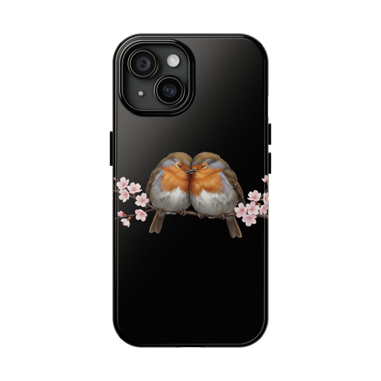 European Robin with Cherry Blossoms iPhone Case – Premium Tough Phone Cover Black