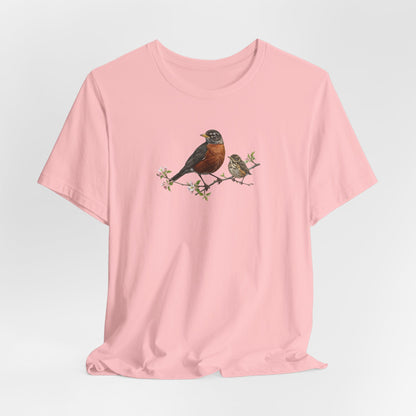 American Robin & Fledgling T-Shirt | Spring Blossoms Unisex Graphic Tee