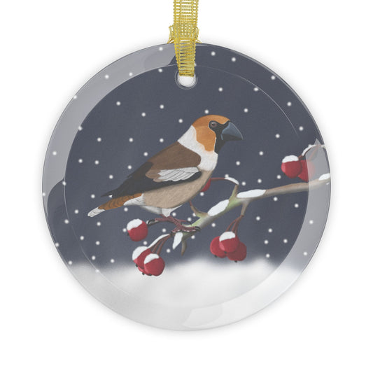 Hawfinch on a Winter Branch Christmas Bird Glass Ornament