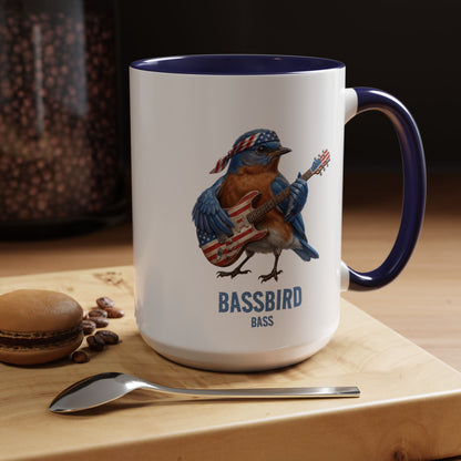 Bassbird Bassist Mug – Patriotic Eastern Bluebird Gift – Funny Bass Guitar Player Cup – USA Flag & Music Lover Present