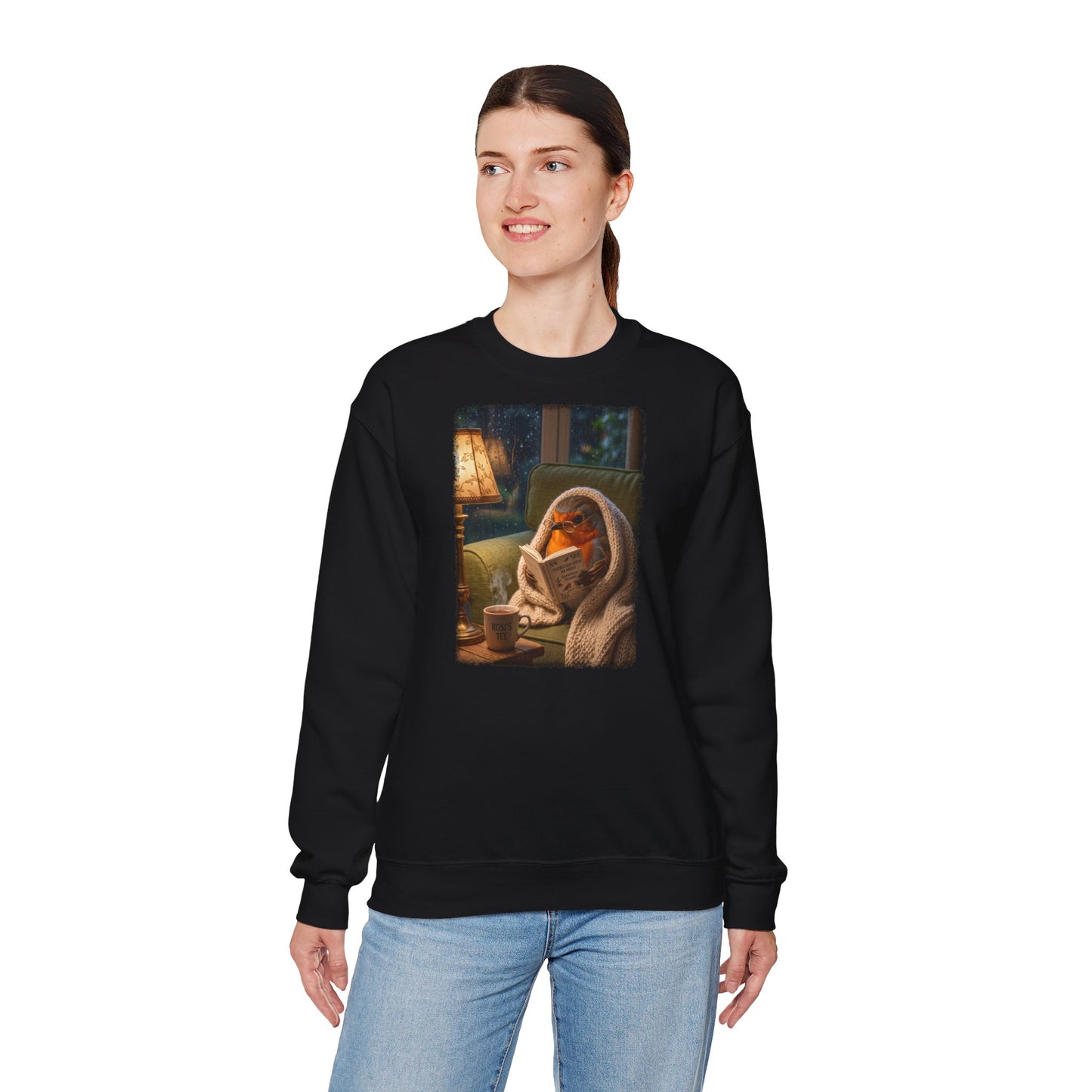 Gemütliches Rotkehlchen Sweatshirt mit Lese-Motiv | Süßer Vogel Pullover für Buchliebhaber