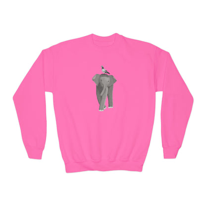 Elephant with Pigeon Bird Youth Crewneck Sweatshirt