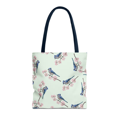 Blue Jay & Cherry Blossom Tote Bag Sage Green | Birding Birdwatcher Accessory – Accessories, Bags