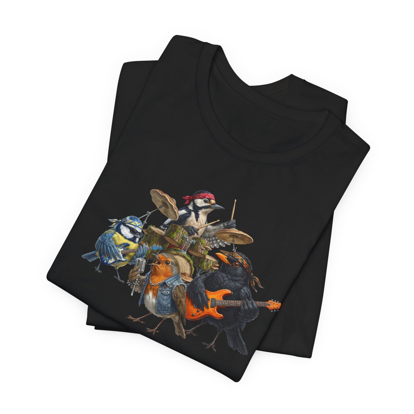 Die Gartenvögel Rockband T-Shirt – Lustiges Vogel Shirt mit Rückendruck – Amsel, Rotkehlchen, Meise, Specht – Geschenk für Musiker & Vogelfreunde