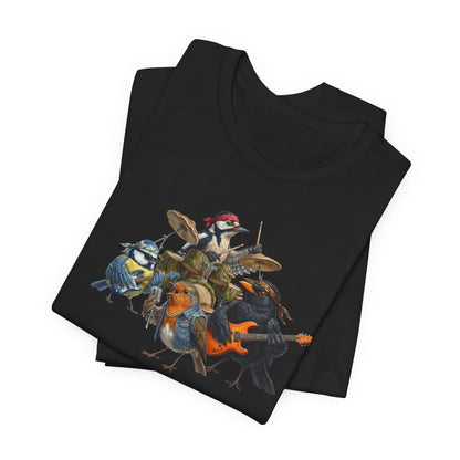Die Gartenvögel Rockband T-Shirt – Lustiges Vogel Shirt mit Rückendruck – Amsel, Rotkehlchen, Meise, Specht – Geschenk für Musiker & Vogelfreunde