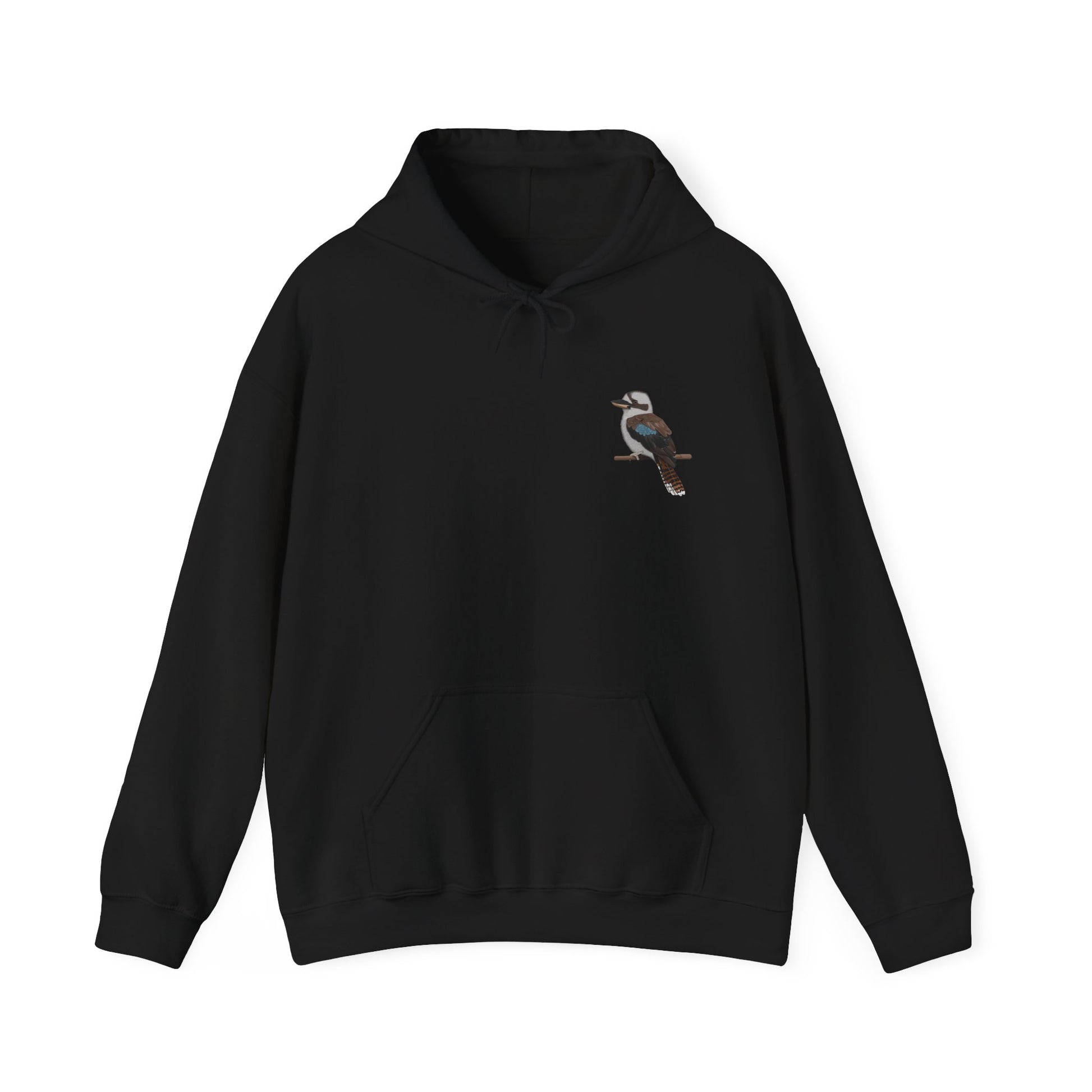 Black hoodie with a bird design on the chest against a white background