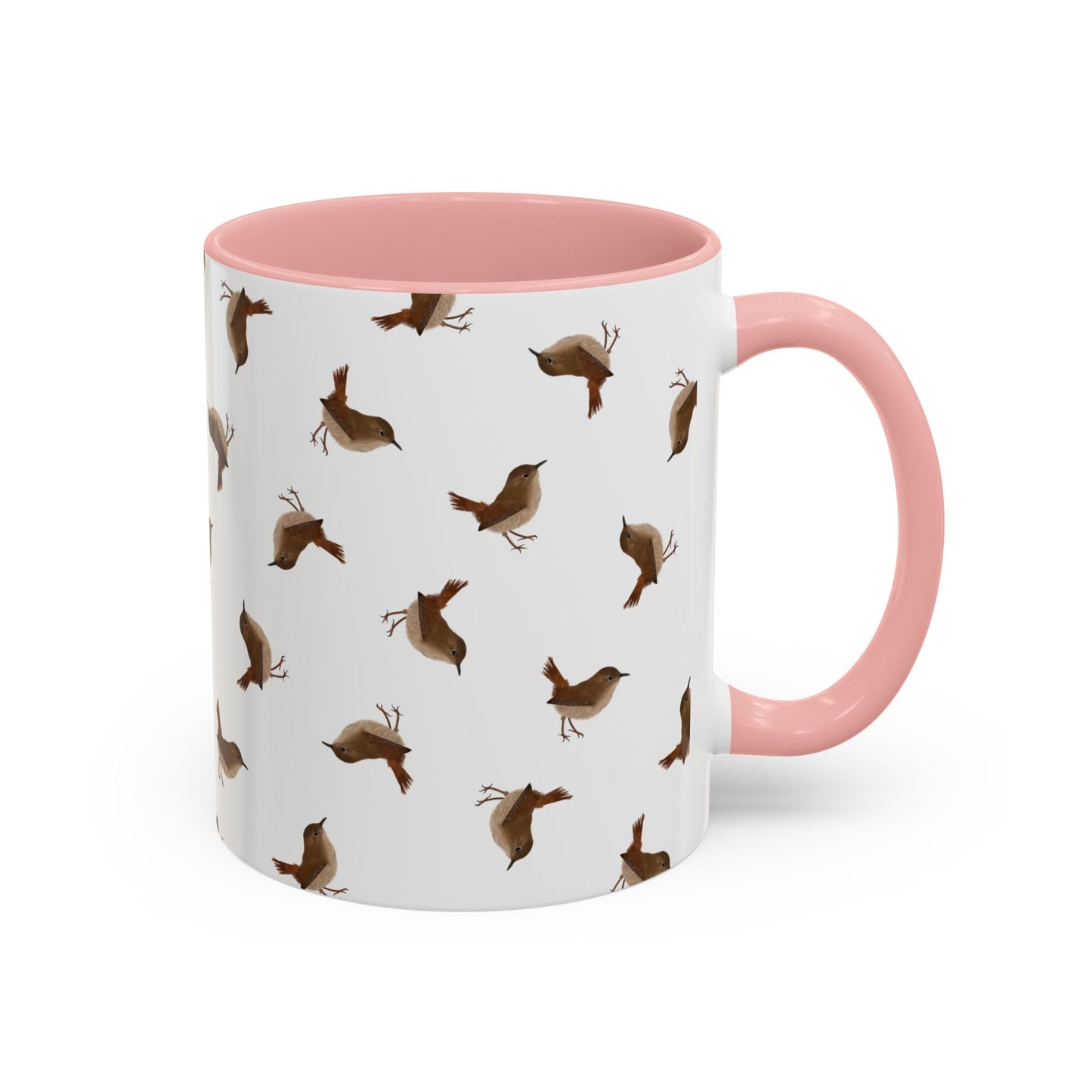 Zaunkönig Tasse mit Streumuster | Vogelmotiv Kaffeebecher für Vogelbeobachter & Naturfreunde – Accent Coffee Mug, Birds Design pink