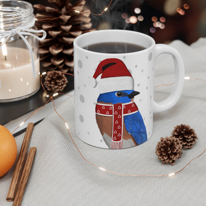 Bluebird with Red Santa Hat and Scarf Christmas Bird Ceramic Mug 11oz