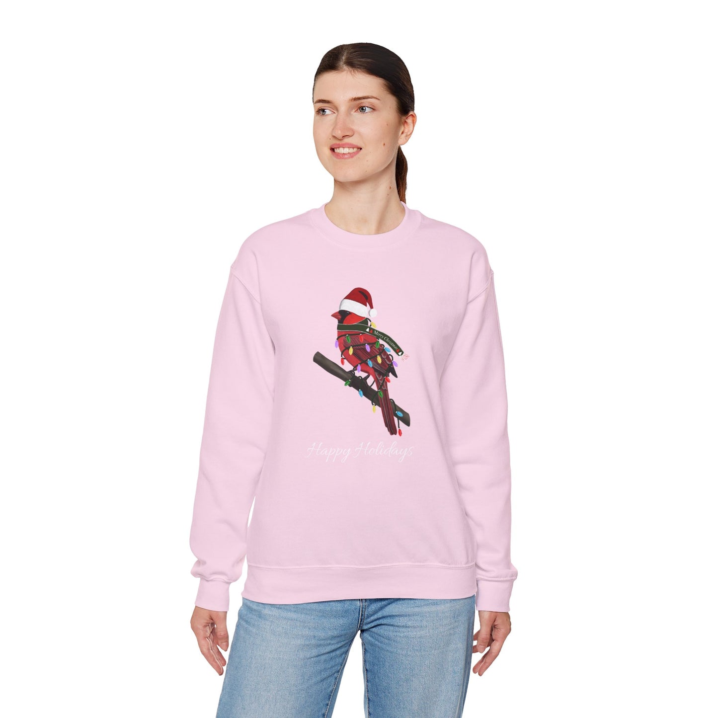 Cardinal with Fairy Lights as Santa Happy Holidays Birdwatcher Christmas Bird Sweatshirt