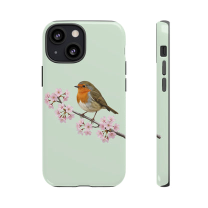 Rotkehlchen Handyhülle in Salbeigrün | Florales Kirschblüten Vogel-Motiv für iPhone & Google Pixel