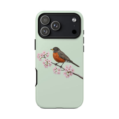 Wanderdrossel Handyhülle in Salbeigrün | Florales Kirschblüten Vogel-Motiv für iPhone & Google Pixel
