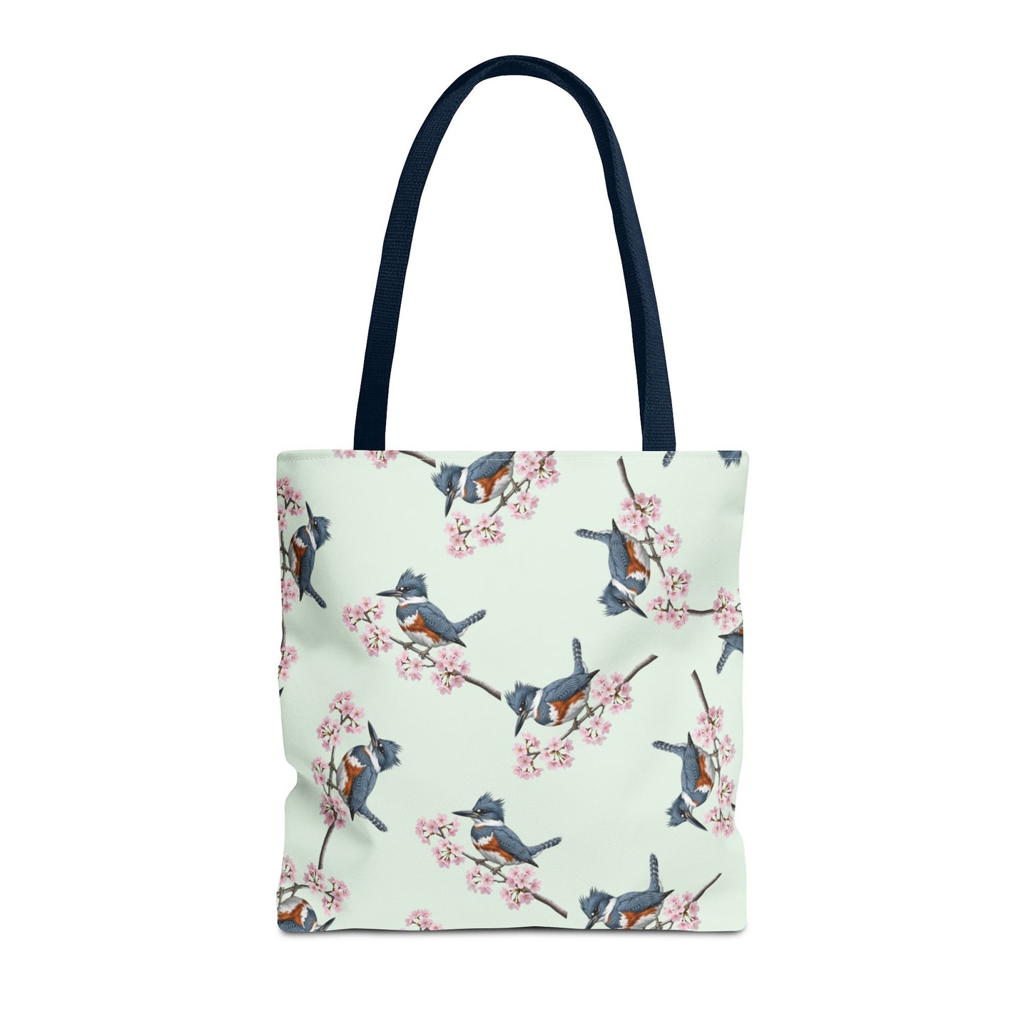 Belted Kingfisher & Cherry Blossom Tote Bag Sage Green | Birding Birdwatcher Accessory – Accessories, Bags