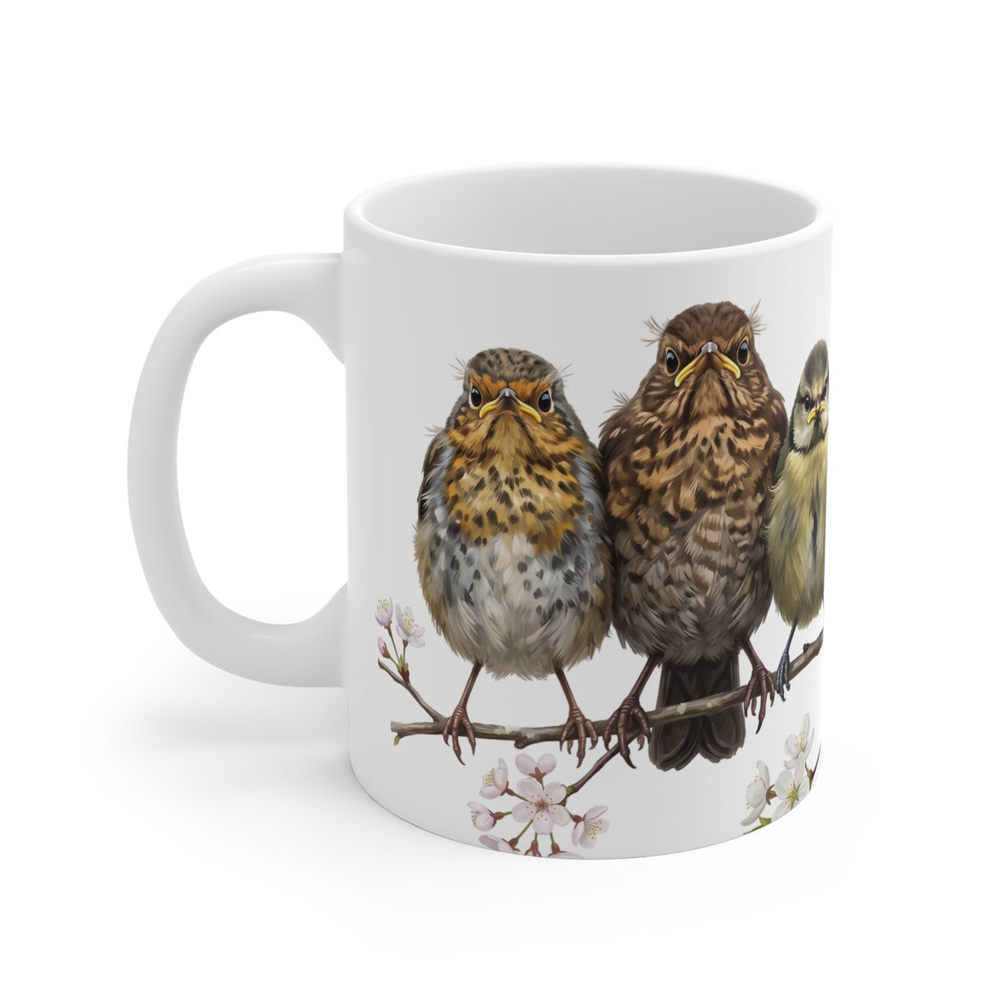 Amsel Rotkehlchen Eule Ästlinge Premium Keramiktasse Weiß | Geschenk für Vogelbeobachter
