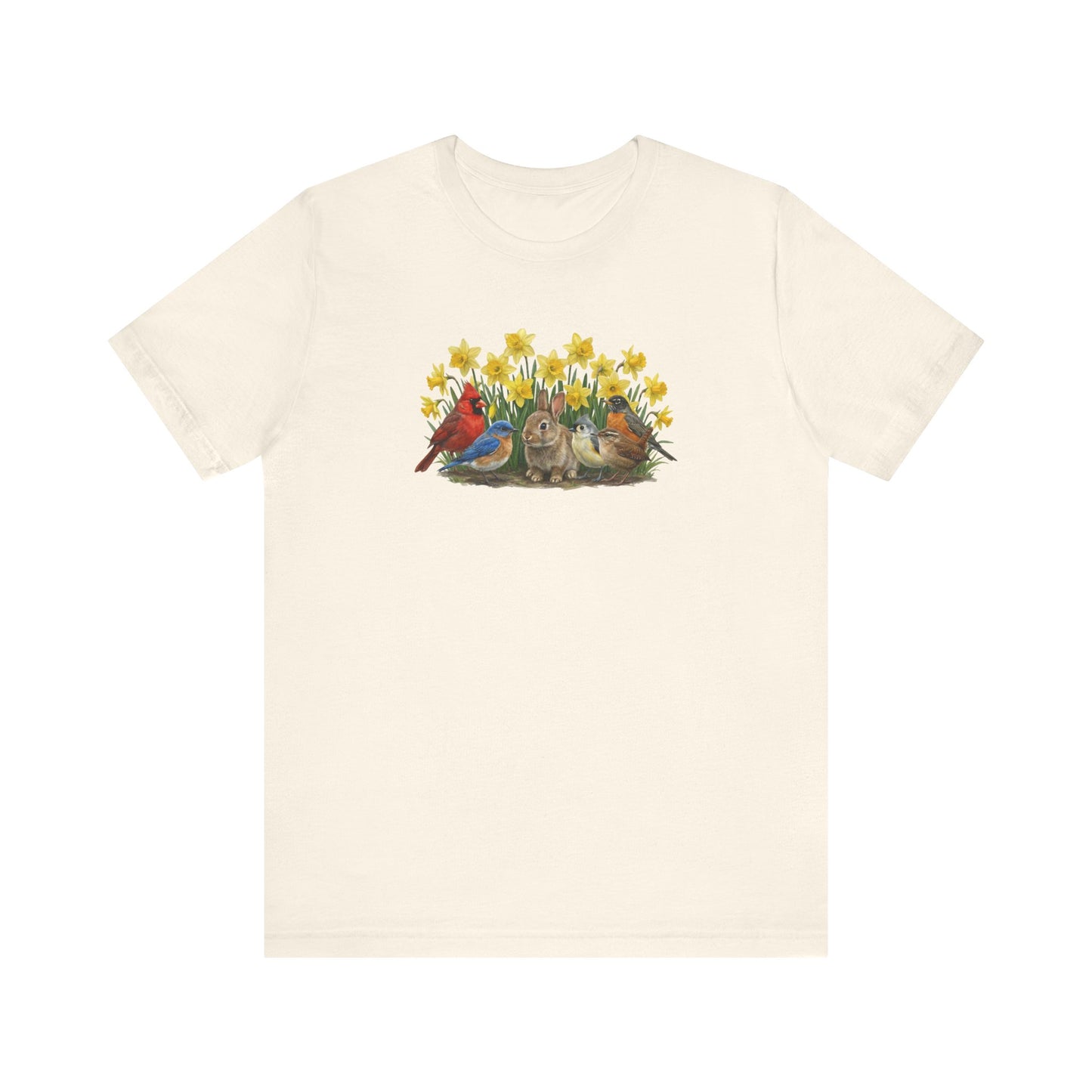 Spring Garden Tee – Bunny, Cardinal & Bluebird | Botanical Easter T-Shirt